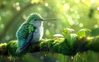 ai generado el serenidad de un colibrí a descanso en un cubierto de musgo rama foto