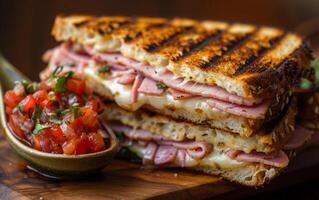 AI generated The Intricate Details of a Grilled Ham and Cheese Captured in Macro Photography photo
