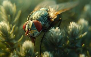 AI generated A housefly rests on the tender needles of a spruce branch photo