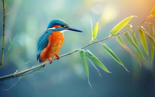 AI generated A Watchful Kingfisher Sitting on a Bamboo Shoot photo