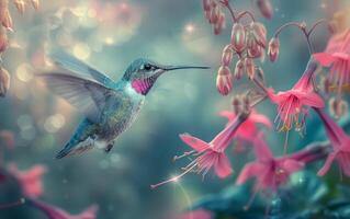 AI generated Hummingbird Feeding on Nectar of a Pink Blossom photo