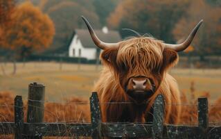 AI generated An Elegant Highland Cow with Lustrous Locks Watches Attentively photo