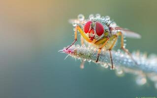 AI generated Shot of a Housefly Precisely Poised on a Dewy Blade of Grass photo