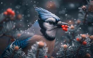 AI generated Winter Scene with a Blue Jay and Berries photo