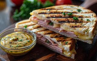 AI generated Grilled Ham and Cheese Sandwich with Gooey Melted Cheese photo