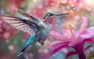 AI generated Hummingbird Extracting Nectar from a Pink Floral Bloom photo