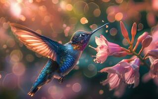 AI generated Hummingbird Drinking Nectar from a Pink Flower photo