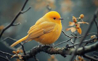 ai generado dorado pájaro encima un otoño rama foto