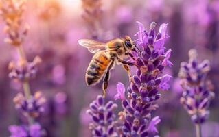 ai generado un abeja flotadores meticulosamente encima lavanda flores foto