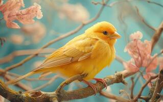 AI generated A brightly colored mustard yellow bird elegantly seated on a tree limb photo