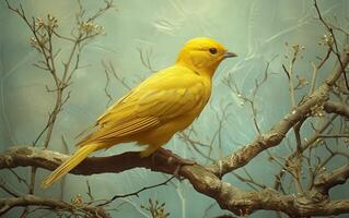 ai generado un energético, dorado amarillo pájaro descansa con equilibrio en un rama foto