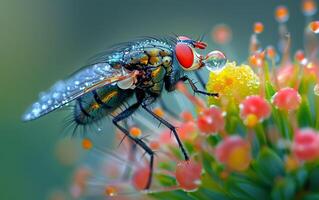 ai generado detallado imagen de un Rocío cubierto mosca doméstica en un flor foto