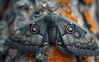 ai generado detallado perspectiva de un polilla fusión con árbol ladrar foto