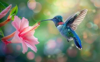 AI generated Hummingbird Extracting Nectar from a Pink Floral Bloom photo