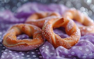 AI generated Purple Fabric Displaying Pretzels Covered in Sugar Crystals photo