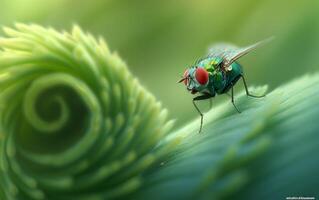 ai generado mosca doméstica descansando en un vívido verde rizado helecho fronda foto