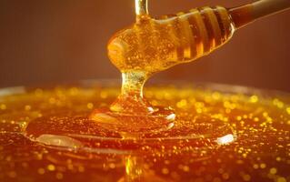 AI generated A richly detailed close up of honey cascading down from a dipper photo