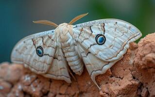 AI generated A cream colored moth flaunts pronounced eye patterns on its wings. photo