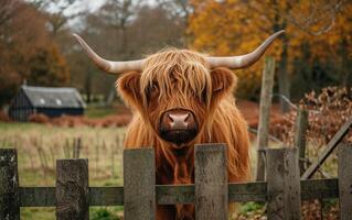 ai generado un magnífico tierras altas vaca con multa pelo examina con curiosidad foto