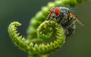 AI generated Housefly sits atop a bright green spiraled fern photo