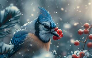 AI generated Winter Scene with a Blue Jay and Berries photo