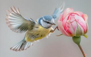 AI generated Blue Tit Marveling at a Blossoming Rose photo