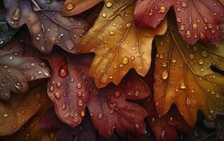 AI generated Macro View of Oak Leaves Adorned with Dewdrops photo