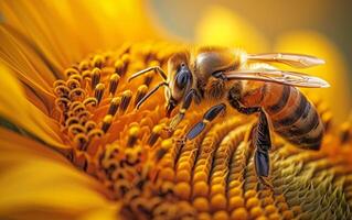 ai generado polen cosecha por un abeja en un brillante girasol foto