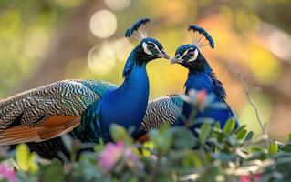 AI generated Vibrant Autumn Backdrop with a Pair of Peacocks photo