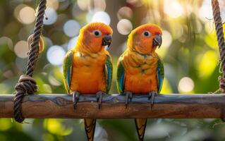 ai generado instantánea de dos Dom conures acurrucarse en un columpio foto