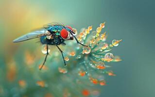 ai generado alto resolución imagen de un rociado mosca doméstica encaramado en un florecer foto