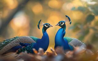 ai generado par de pavos reales en medio de el vistoso otoño paisaje foto