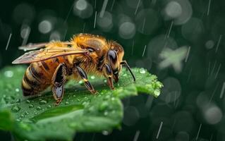 AI generated A Macro Image of a Bee Gripping the Underside of a Leaf photo