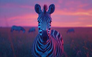 ai generado un cautivador rosado puesta de sol marcos un sorprendentes cebra rostro en el africano sabana foto