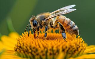 AI generated A Macro View of a Bee Harvesting Nectar from the Vivid Yellow of a Sunflower photo