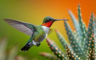 AI generated Vivid Ruby Throated Hummingbird Floating Above Aloe Vegetation photo