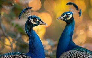 ai generado un dúo de pavos reales conjunto en contra el esplendor de otoño foto