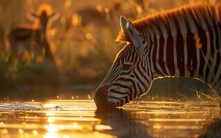 AI generated Close up of a young zebra quenching its thirst in a tranquil pond photo