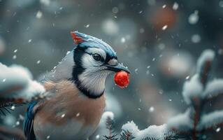 ai generado invierno azul arrendajo y baya encuentro foto