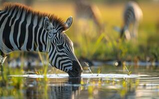 AI generated Close up of a young zebra quenching its thirst in a tranquil pond photo