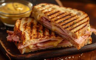 AI generated Grilled Ham and Cheese Sandwich with Gooey Melted Cheese photo