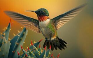 AI generated Dynamic Ruby Throated Hummingbird Suspended Over Aloe Flora photo