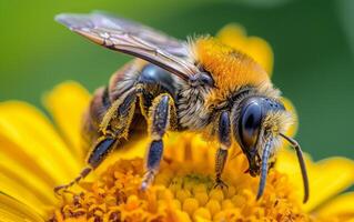 AI generated A Close Perspective of a Bee At Work on the Bright Yellow of a Sunflower photo