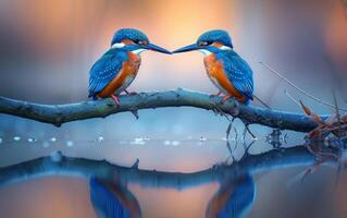 AI generated A Pair of Kingfishers Beak to Beak on a Branch photo