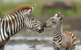 AI generated A Young Zebra Foal Stands Beside Its Mother photo