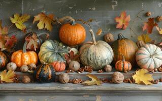 AI generated A Scenic Panorama of Festive Pumpkins and Leaves on a Wooden Background photo