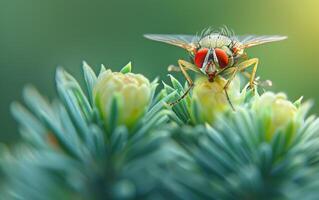 AI generated A housefly rests on the tender needles of a spruce branch photo