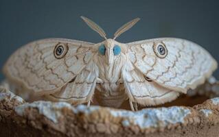 AI generated A cream colored moth flaunts pronounced eye patterns on its wings. photo