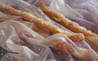 AI generated Purple Fabric Hosting Pretzels Adorned with Sugar Crystals photo