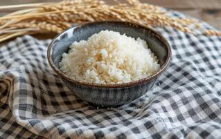 AI generated Raw White Rice Overflowing from a Porcelain Bowl photo